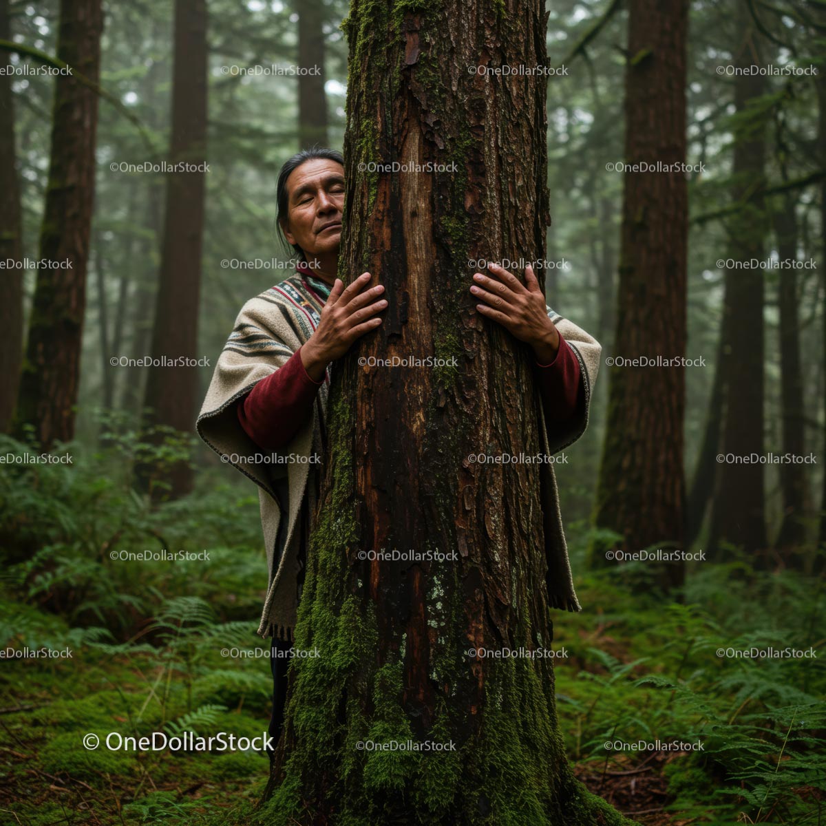 Man Embracing Tree in Serene Forest Setting
