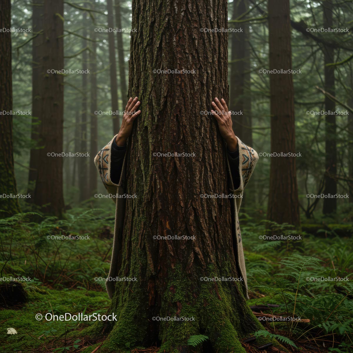 Hands Embracing a Tall Tree in Lush Green Forest