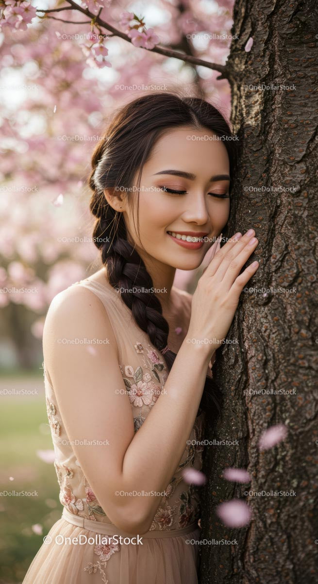 Woman in Floral Dress with Cherry Blossoms