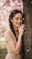 Woman Embracing Spring Cherry Blossoms with a Smile