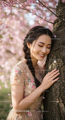 Serene Woman in Floral Dress Among Cherry Blossoms