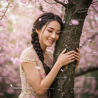 Smiling Woman Embracing Cherry Blossom Tree in Bloom