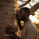 Man Embracing a Tree at Sunset in Peaceful Nature