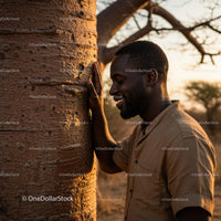 Man Smiling by Baobab Tree at Sunset