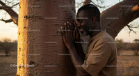 Man Embracing a Baobab Tree at Sunset