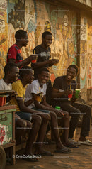 Friends Enjoying Drinks in Front of Colorful Street Art