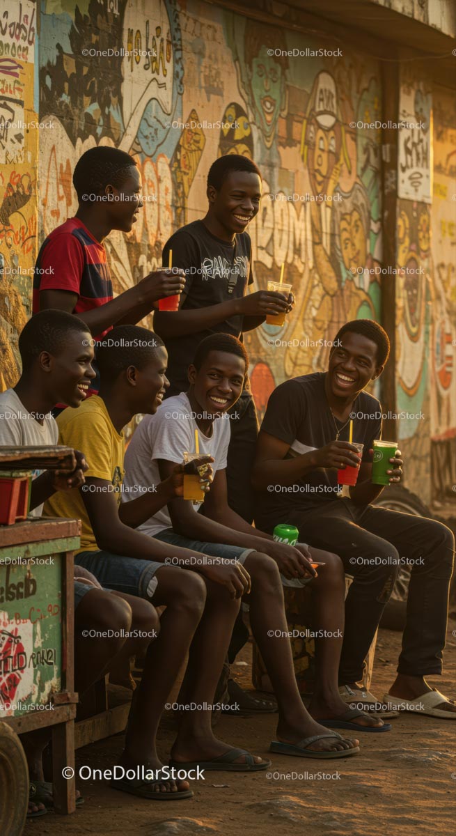 Friends Enjoying Drinks in Front of Colorful Street Art