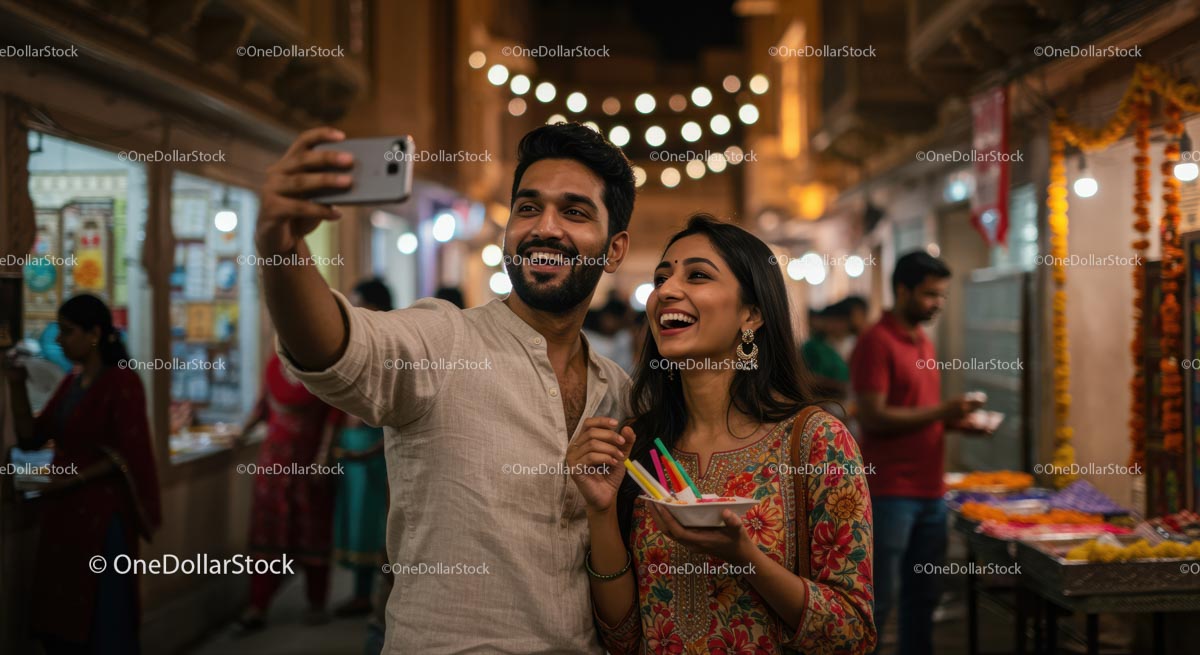 Happy Couple Taking Selfie at Night Market