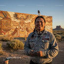 Indigenous Artist Smiling in Front of Vibrant Mural