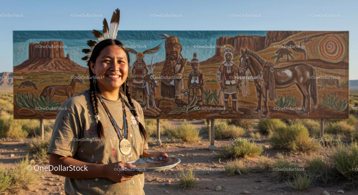 Native American Woman Smiling in Front of Cultural Mural
