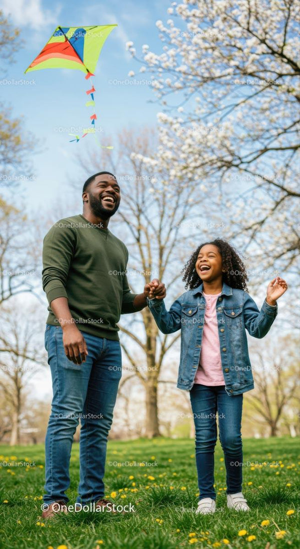 Father and Daughter Flying a Colorful Kite in Spring Park
