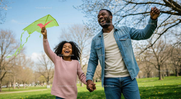 Father and Daughter Flying Kite in the Park on Sunny Day