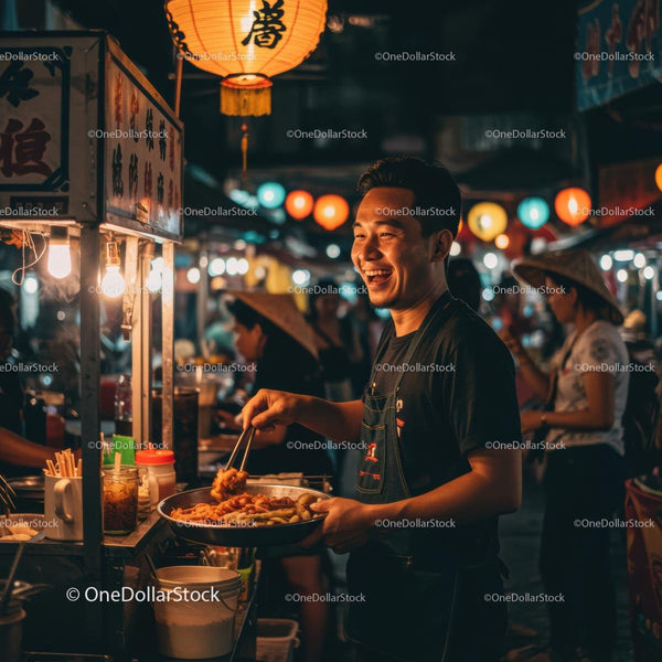 Smiling Vendor Cooking at Lively Night Market