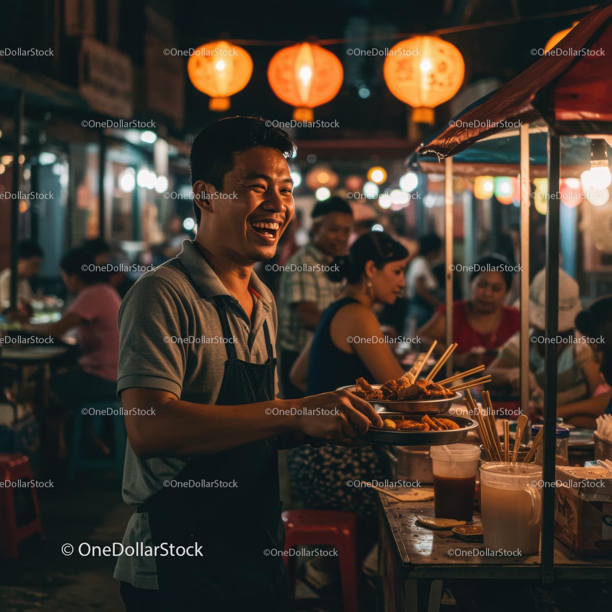 Smiling Vendor Serving Delicious Street Food at Night Market