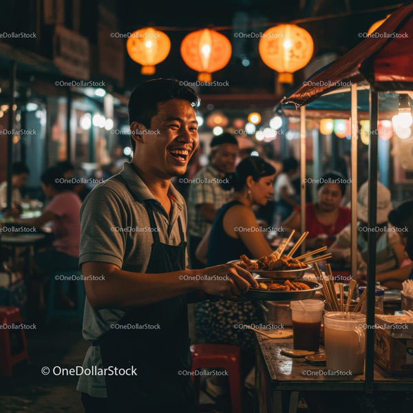 Smiling Vendor Serving Delicious Street Food at Night Market
