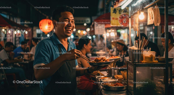 Smiling Vendor Serving Delicious Street Food at Night Market