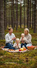 Family Enjoying Picnic in Lush Green Forest