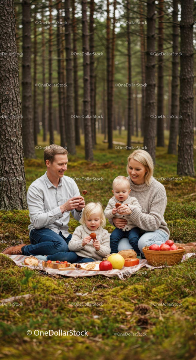Family Enjoying Picnic in Lush Green Forest