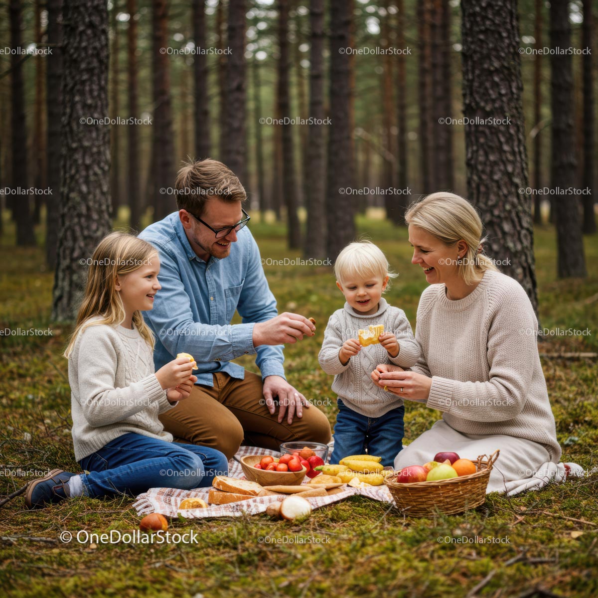 Family Enjoying a Picnic in a Peaceful Forest
