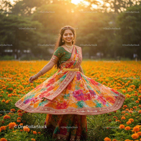 Woman in Colorful Sari Twirling in Marigold Field