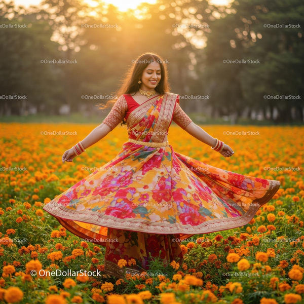 Indian Woman Dancing in a Vibrant Marigold Field at Sunset