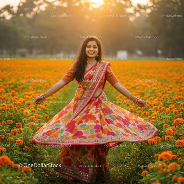 Joyful Woman Twirling in a Vibrant Marigold Field