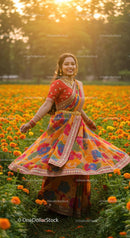 Joyful Woman Dancing in a Vibrant Saree Among Marigolds