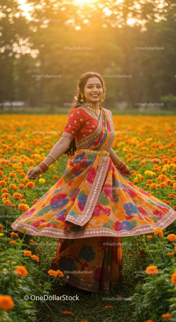 Joyful Woman Dancing in a Vibrant Saree Among Marigolds