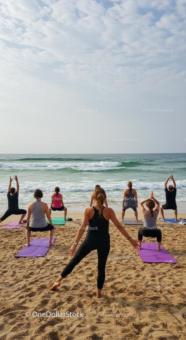 Group Yoga Session on the Beach with Ocean Waves