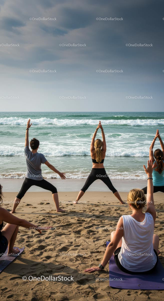 Beach Yoga Session with Ocean Waves in the Background