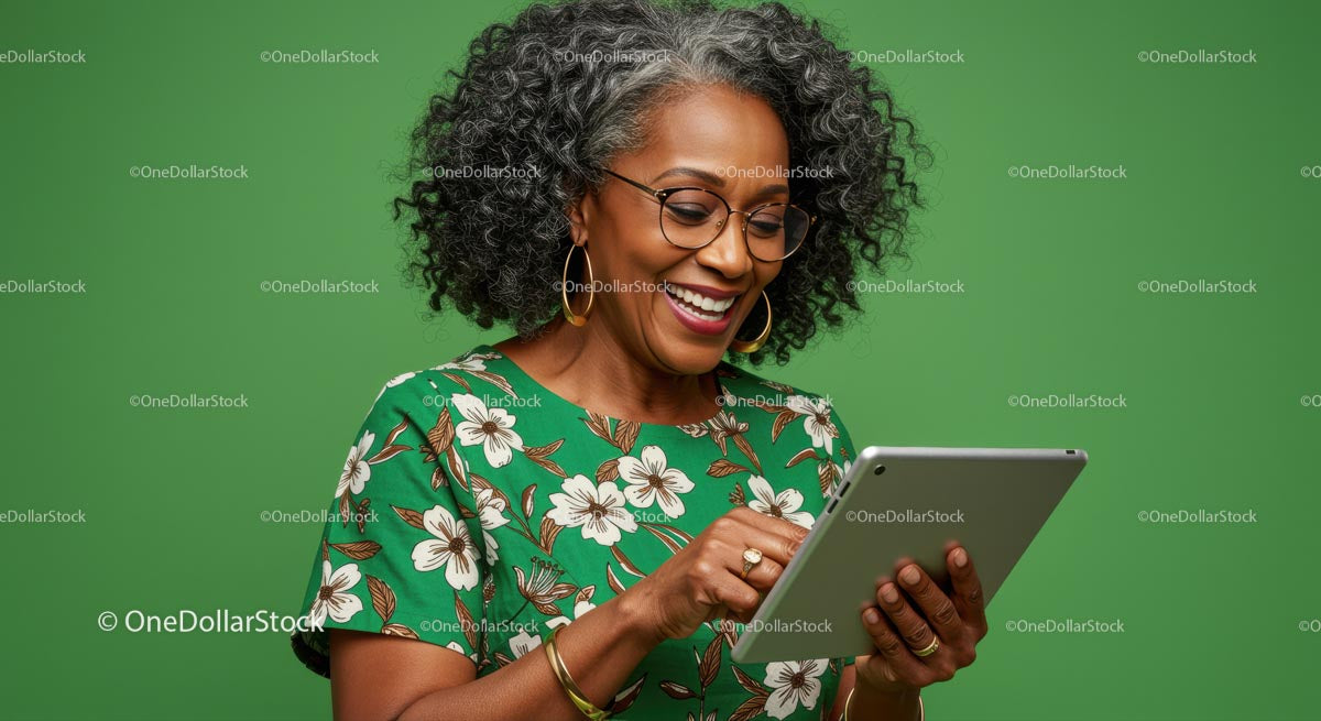 Elderly Woman Joyfully Using Tablet on Green Background