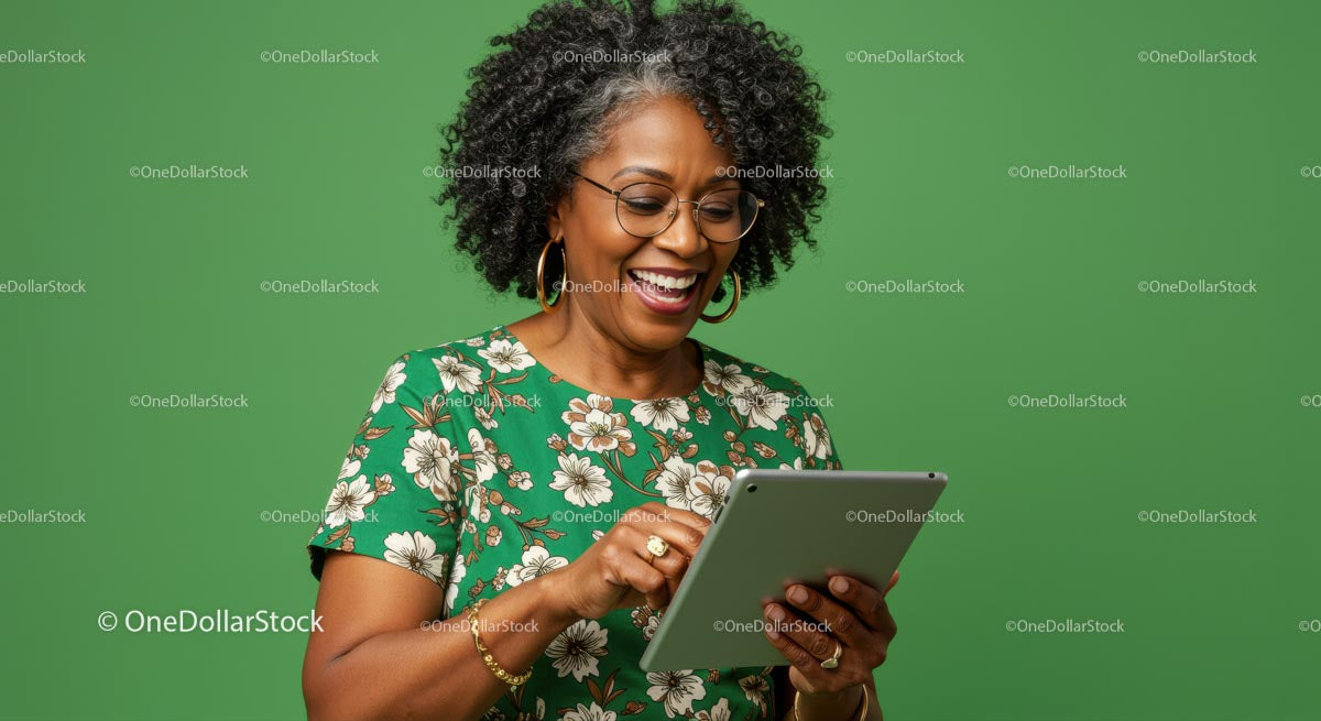 Happy Woman Using Tablet Against Green Background