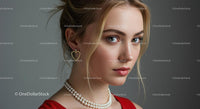 Elegant Woman in Red Dress with Pearl Necklace