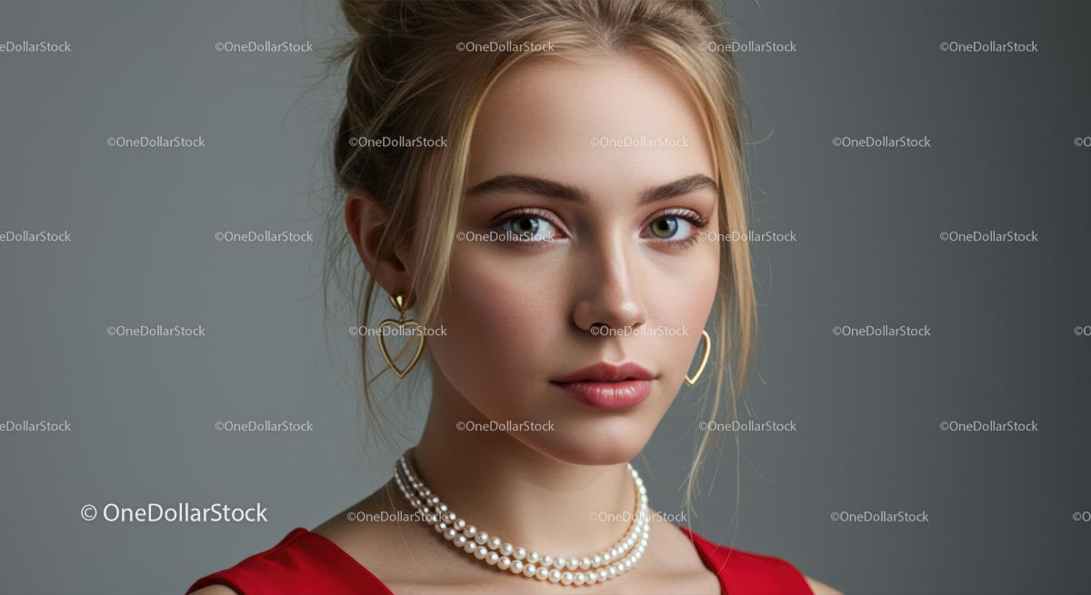 Elegancka kobieta w czerwonej sukience z perłowym naszyjnikiem