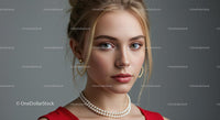 Elegant Woman in Red Dress with Pearl Necklace