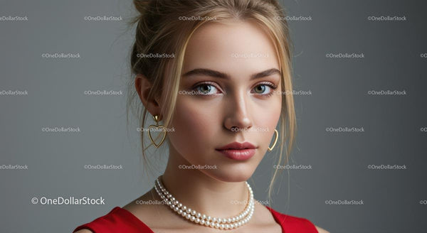 Elegant Woman in Red Dress with Pearl Necklace