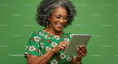Mature Woman Enjoying Tablet in Green Floral Dress