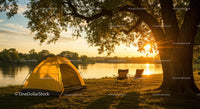 Scenic Sunset Camping by a Tranquil Riverside