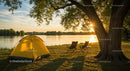 Yellow Tent by a Peaceful River at Sunset