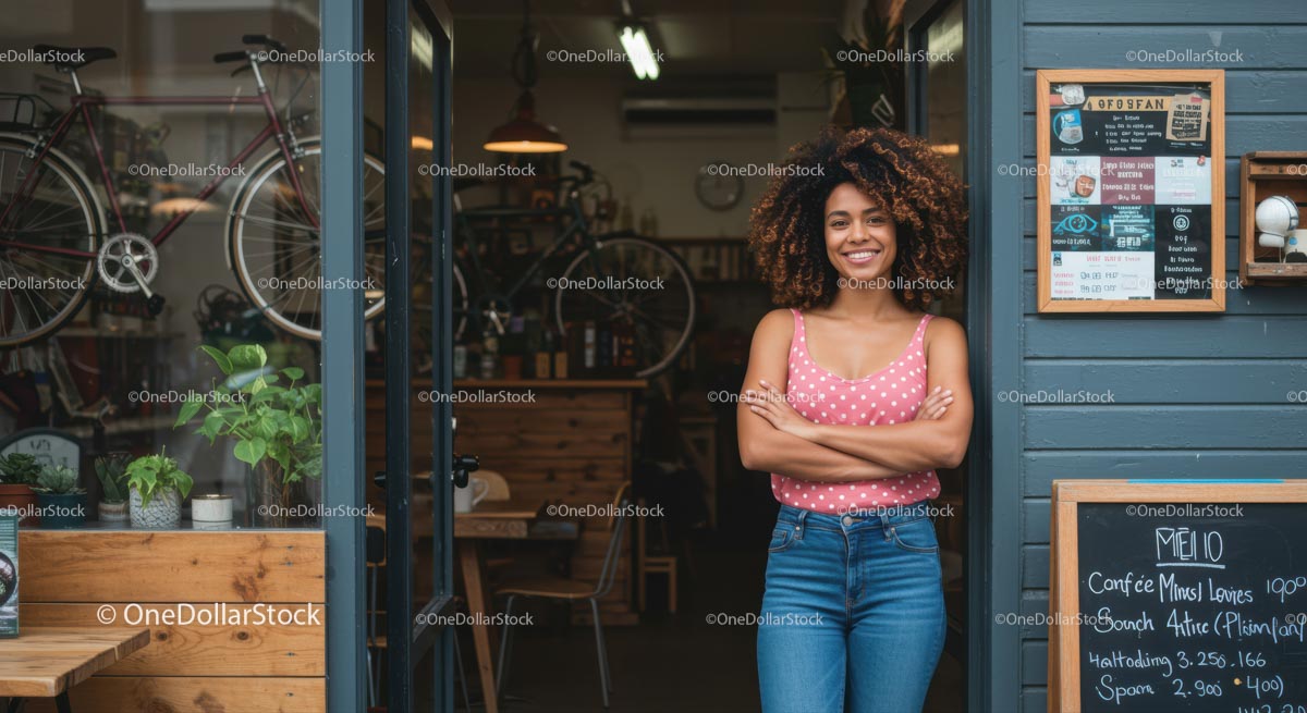 Friendly Cafe Owner Standing Proudly by Her Coffee Shop