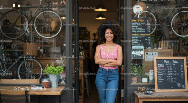Smiling Woman Standing Outside Bicycle Shop