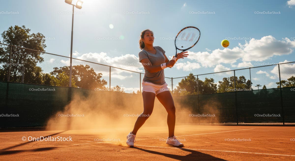 Female Tennis Player Hitting Ball on Sunlit Clay Court