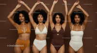 Diverse Women in Stylish Swimwear Against Brown Background