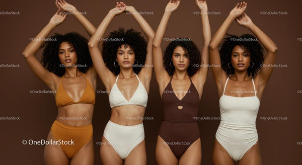 Diverse Women in Stylish Swimwear Against Brown Background