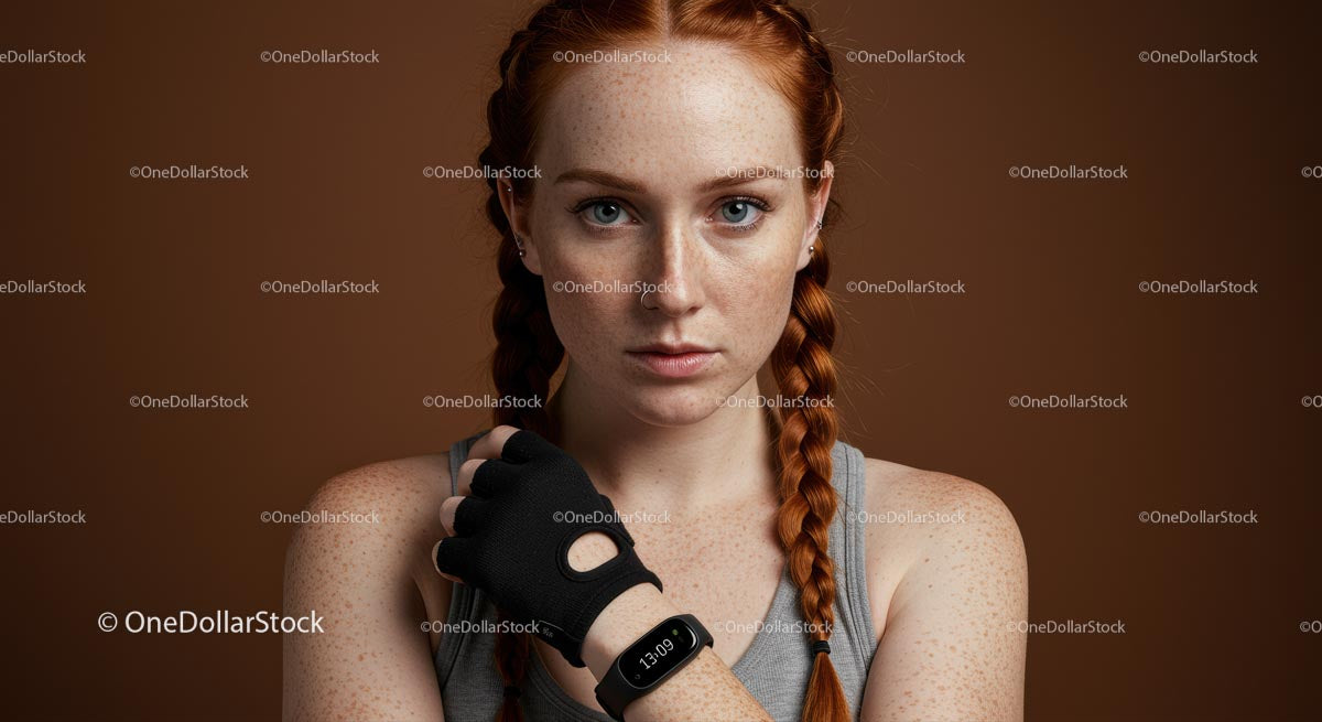 Freckled Fitness Woman with Braided Hairstyle and Gym Glove (12 Images)