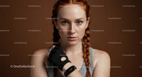 Freckled Fitness Woman with Braided Hairstyle and Gym Glove
