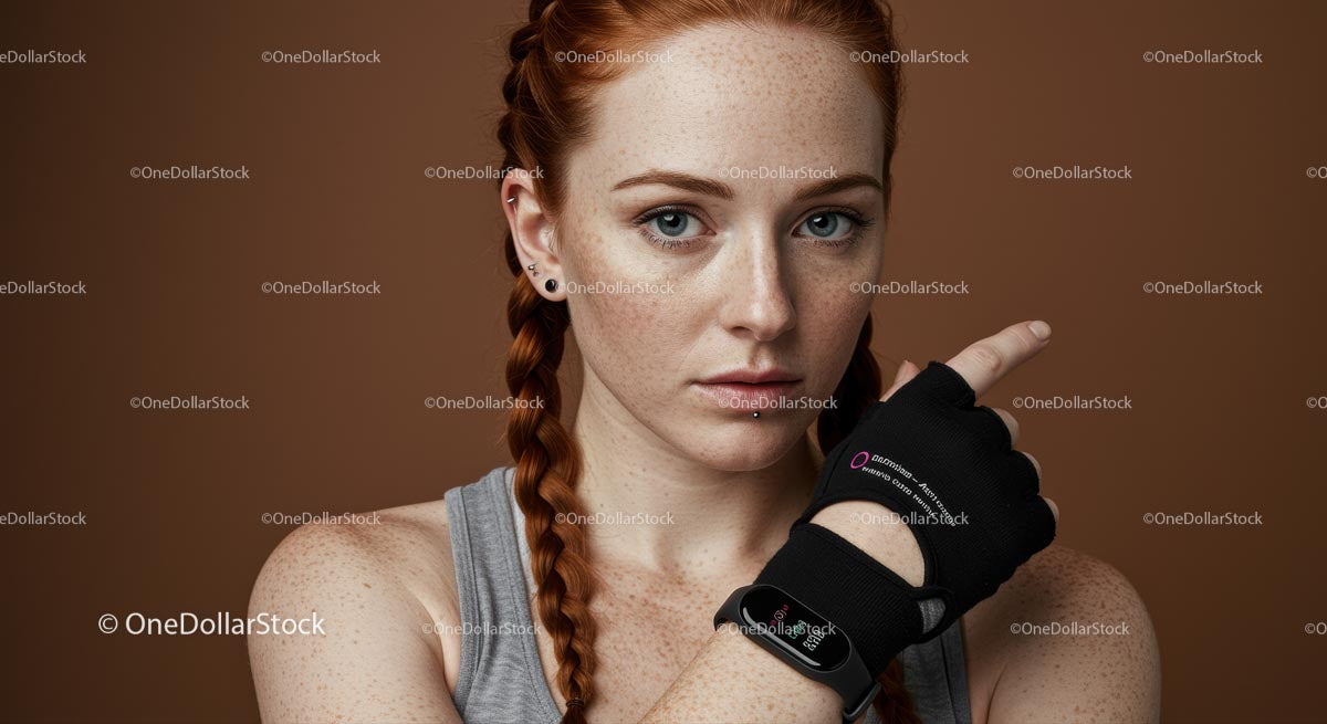 Freckled Fitness Woman with Braided Hairstyle and Gym Glove