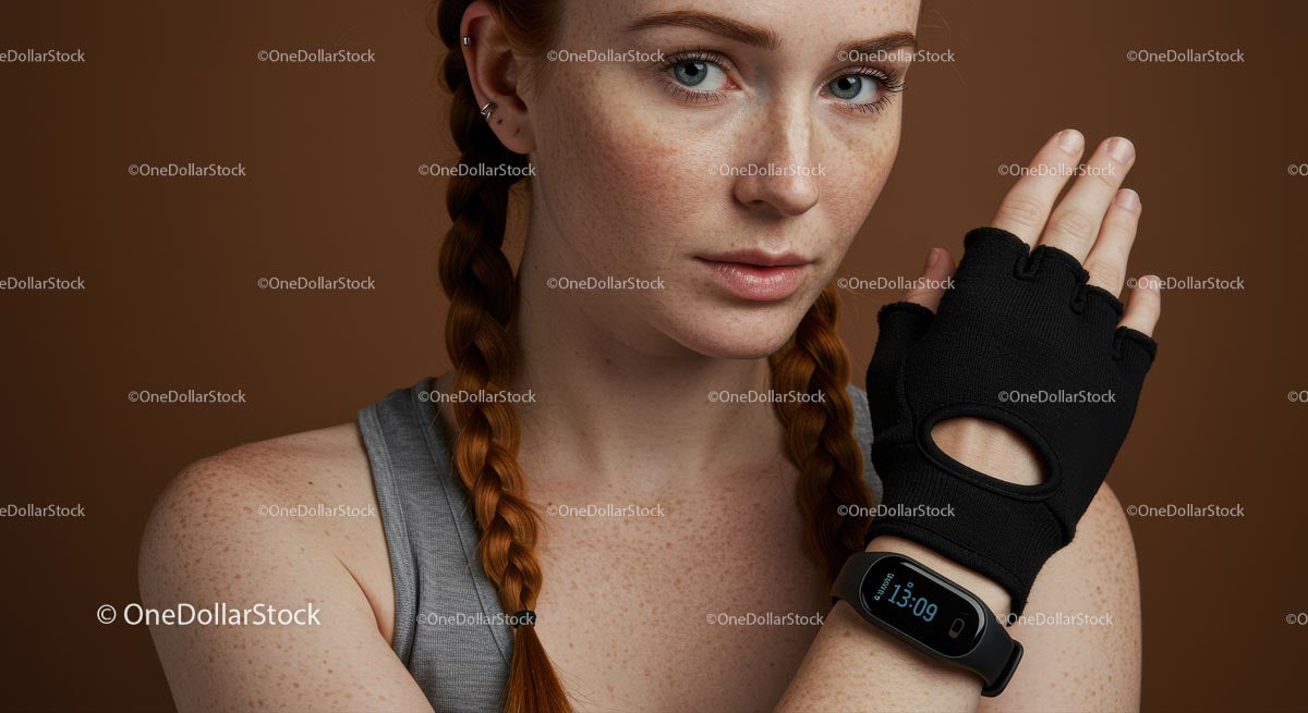 Freckled Fitness Woman with Braided Hairstyle and Gym Glove