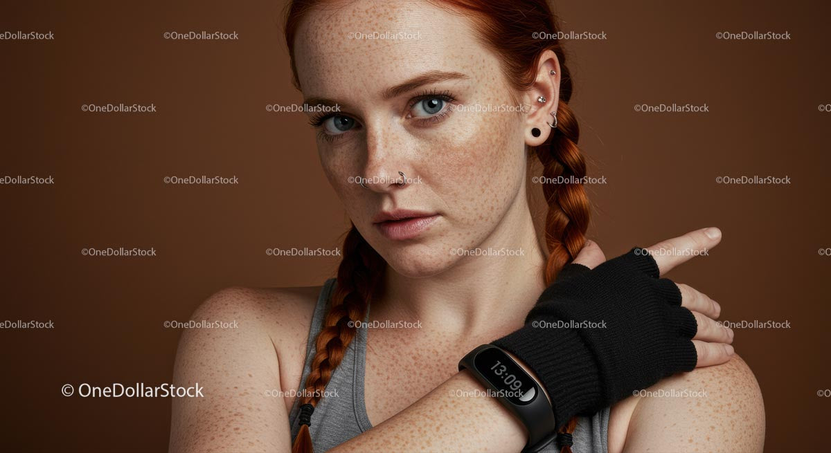 Confident Redhead Woman with Fitness Watch in Sportswear