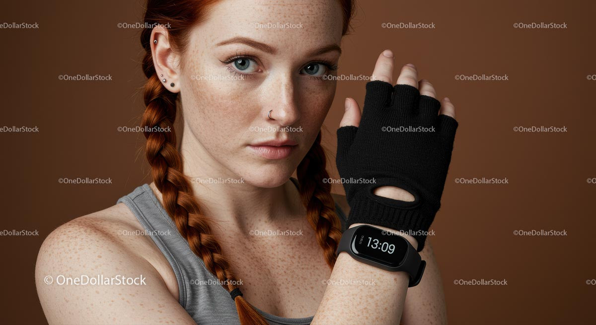 Kobieta z rudymi włosami w smartwatchu fitness i rękawiczkach